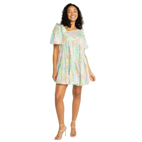Alden Adair $328 Boho Mini Dress Puff Sleeve Asymmetric Neck Shift Chandler XS - Picture 1 of 9